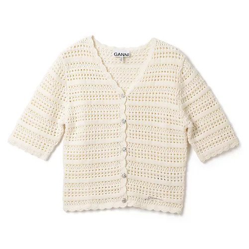 【ガニー/GANNI】のCotton Pointelle Short Sleeve Cardigan インテリア・キッズ・メンズ・レディースファッション・服の通販 founy(ファニー) 　ファッション　Fashion　レディースファッション　WOMEN　トップス・カットソー　Tops/Tshirt　カーディガン　Cardigans　2024年　2024　2024-2025秋冬・A/W　Aw/Autumn/Winter/Fw/Fall/2024-2025　カーディガン　Cardigan　ガーリー　Girly　スカラップ　Scalloped　トリミング　Trimming　フェミニン　Feminine　レース　Race　洗える　Washable　透かし　Watermark　Egret|ID: prp329100004021710 ipo3291000000030682817