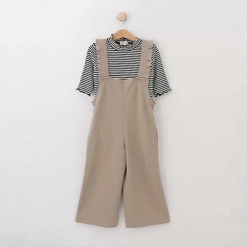 【シューラルー/SHOO LA RUE / KIDS】の【110-140cm/2点セット】フリルサロペット+5分袖ボーダートップス インテリア・キッズ・メンズ・レディースファッション・服の通販 founy(ファニー) 　ファッション　Fashion　キッズファッション　KIDS　トップス・カットソー　Tops/Tees/Kids　インナー　Inner　サロペット　Overalls　ジョーゼット　Georgette　スマート　Smart　スリット　Slit　フリル　Frills　ボーダー　Border　ポケット　Pocket　ベージュ|ID: prp329100004065077 ipo3291000000027389300