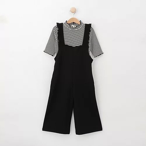 【シューラルー/SHOO LA RUE / KIDS】の【110-140cm/2点セット】フリルサロペット+5分袖ボーダートップス インテリア・キッズ・メンズ・レディースファッション・服の通販 founy(ファニー) 　ファッション　Fashion　キッズファッション　KIDS　トップス・カットソー　Tops/Tees/Kids　インナー　Inner　サロペット　Overalls　ジョーゼット　Georgette　スマート　Smart　スリット　Slit　フリル　Frills　ボーダー　Border　ポケット　Pocket　ブラック|ID: prp329100004065077 ipo3291000000027389301