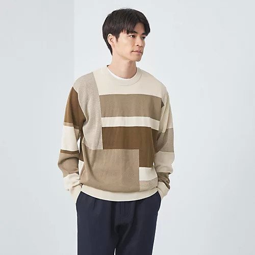 【グリーンレーベルリラクシング/green label relaxing / UNITED ARROWS / MEN】のブロック インターシャ クルーネック ニット インテリア・キッズ・メンズ・レディースファッション・服の通販 founy(ファニー) 　ファッション　Fashion　メンズファッション　MEN　アクリル　Acrylic　インナー　Inner　シンプル　Simple　デニム　Denim　ブロック　Block　無地　Plain Color　リラックス　Relax　おすすめ　Recommend　MD.BROWN|ID: prp329100004171722 ipo3291000000028872051