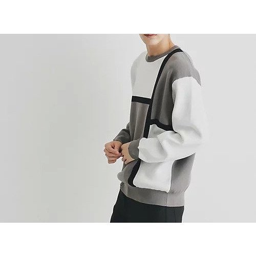 【ザ ショップ ティーケー/THE SHOP TK / MEN】のパネルアートブロッキングクルーネックニット インテリア・キッズ・メンズ・レディースファッション・服の通販 founy(ファニー) 　ファッション　Fashion　メンズファッション　MEN　おすすめ　Recommend　シンプル　Simple　スマート　Smart　ブロッキング　Blocking　リラックス　Relax　秋　Autumn/Fall　ライトグレー|ID: prp329100004180161 ipo3291000000029581321