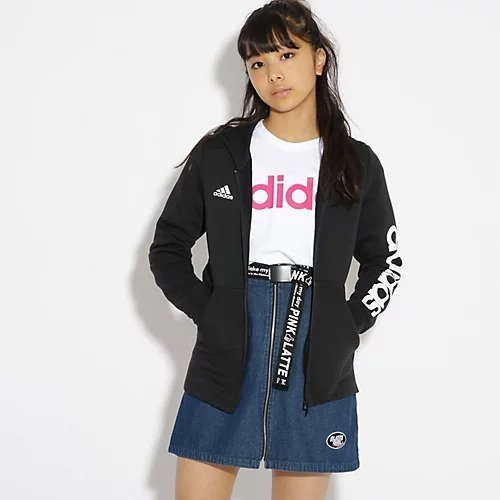 【ピンク ラテ/PINK-latte / KIDS】のadidas 袖ロゴ裏起毛ZIPパーカー インテリア・キッズ・メンズ・レディースファッション・服の通販 founy(ファニー) 　ファッション　Fashion　キッズファッション　KIDS　スポーティ　Sporty　デニム　Denim　パーカー　Hoodie　ブラック|ID: prp329100004237452 ipo3291000000029372891