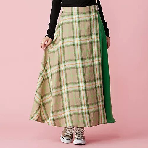 【オニール オブ ダブリン/O'NEIL of DUBLIN】の【HPS別注】WRAP SWING MAXI SKIRT インテリア・キッズ・メンズ・レディースファッション・服の通販 founy(ファニー) 　ファッション　Fashion　レディースファッション　Fashion for Women　スカート　Skirts　エレガント 上品　Elegant　コンビ　Combo, Combination Style　チェック　Check, Plaid, Tartan　フレア　Flare, Flared　ラップ　Wrap, Wrap Design　リネン　Linen, Linen Fabric　別注　Limited Edition, Custom Order　夏　Summer　グリーンミックス|ID: prp329100004257717 ipo3291000000034617962