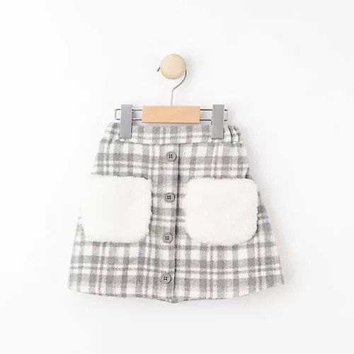 【シューラルー/SHOO LA RUE / KIDS】の【110-140cm】ファーポケットチェック台形スカート インテリア・キッズ・メンズ・レディースファッション・服の通販 founy(ファニー) 　ファッション　Fashion　キッズファッション　KIDS　おすすめ　Recommend　インナー　Inner　スマート　Smart　チェック　Check　フロント　Front　ポケット　Pocket　冬　Winter　台形　Trapezoid　年末年始　The Year-End And New Year Holidays　ライトグレー|ID: prp329100004259471 ipo3291000000029584364