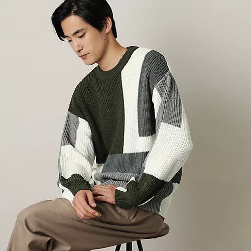 【ザ ショップ ティーケー/THE SHOP TK / MEN】のパネルデザインニット インテリア・キッズ・メンズ・レディースファッション・服の通販 founy(ファニー) 　ファッション　Fashion　メンズファッション　MEN　アクリル　Acrylic　モノトーン　Monotone　切替　Switching　グリーン|ID: prp329100004312008 ipo3291000000029899297