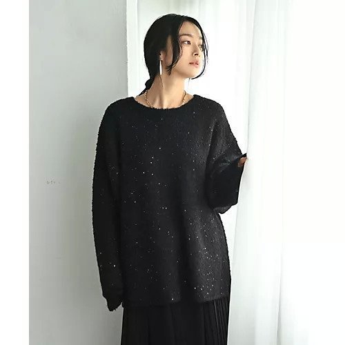 【スタイルデリ/STYLE DELI】の【BLK001】スパンコール付きオーバーニット 人気、トレンドファッション・服の通販 founy(ファニー) 　ファッション　Fashion　レディースファッション　Fashion for Women　トップス・カットソー　Cut & Sew Tops　ニット　Knit Tops & Sweaters　シンプル　Simple, Minimal　スパンコール　Sequins, Sequin Embellishment　スリット　Slit, Slit Detail　定番　Standard, Basic Item　フォルム　Silhouette, Form　ラウンド　Round, Round Neck　リラックス　Relax, Relaxed Fit　冬　Winter / This Winter　おすすめ　Recommended / Our Picks　旅行　Travel　エレガント 上品　Elegant　other-2|ID: prp329100004322195 ipo3291000000034543844