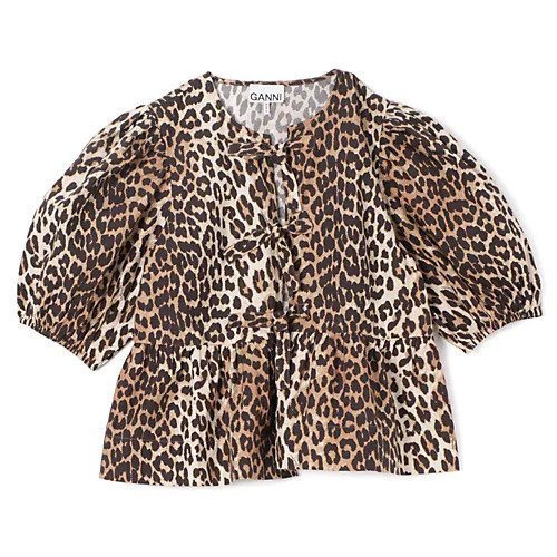 【ガニー/GANNI】のPrinted Cotton Poplin Peplum Blouse インテリア・キッズ・メンズ・レディースファッション・服の通販 founy(ファニー) 　ファッション　Fashion　レディースファッション　Fashion for Women　2025年　2025　2025春夏・S/S　Spring/Summer 2025 SS25　チェック　Check, Plaid, Tartan　フリル　Frill, Ruffle　フロント　Front, Front Design　ペプラム　Peplum, Flared Hem　リボン　Ribbon, Bow　レオパード　Leopard, Animal Print　洗える　Machine Washable　Leopard|ID: prp329100004348079 ipo3291000000035315650