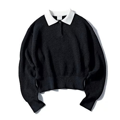 【トゥエルブクローゼット/12closet】の【洗える】サーマル風衿付きニット インテリア・キッズ・メンズ・レディースファッション・服の通販 founy(ファニー) 　ファッション　Fashion　レディースファッション　Fashion for Women　トップス・カットソー　Cut & Sew Tops　ニット　Knit Tops & Sweaters　クラシカル　Classical, Vintage-Inspired　サーマル　Thermal, Waffle Knit　トレンド　Trend, Trending Now　バランス　Balance, Style Balance　ワイド　Wide, Wide Fit　洗える　Machine Washable　ブラック|ID: prp329100004364261 ipo3291000000034954181