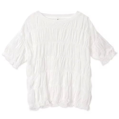 【ハクジ/HAKUJI】のTwist jersey shirring Tshirt インテリア・キッズ・メンズ・レディースファッション・服の通販 founy(ファニー) 　ファッション　Fashion　レディースファッション　Fashion for Women　トップス・カットソー　Cut & Sew Tops　シャツ・ブラウス・オフィスカジュアル　Elegant Blouses & Button-Ups　ロングTシャツ・Tシャツ　Longline T-Shirts & Tees　ガーリー　Girly, Feminine Style　シャーリング　Shirring, Ruched　シンプル　Simple, Minimal　バランス　Balance, Style Balance　ボトム　Bottoms, Lower Wear　人気　Popular, Best Seller　洗える　Machine Washable　WHITE|ID: prp329100004372735 ipo3291000000034155394