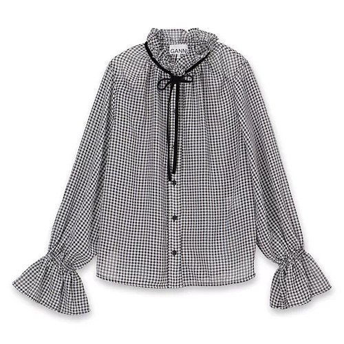 【ガニー/GANNI】のSheer Fluid Check Tie String Shirt インテリア・キッズ・メンズ・レディースファッション・服の通販 founy(ファニー) https://founy.com/ ファッション Fashion レディースファッション Fashion for Women トップス・カットソー Cut & Sew Tops シャツ・ブラウス・オフィスカジュアル Elegant Blouses & Button-Ups 2025年 2025 2025春夏・S/S Spring/Summer 2025 SS25 ガーリー Girly, Feminine Style ギンガム Gingham, Gingham Fabric スタンド Stand Collar, Upright Stand チェック Check, Plaid, Tartan フリル Frill, Ruffle 洗える Machine Washable |ID: prp329100004372743 ipo3291000000030559075