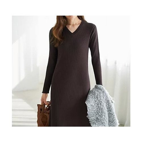 【スタイルデリ/STYLE DELI】のリブ編みVネックロングワンピース インテリア・キッズ・メンズ・レディースファッション・服の通販 founy(ファニー) 　ファッション　Fashion　レディースファッション　Fashion for Women　ワンピース　Dresses　インナー　Innerwear　クール　Cool, Chic　シンプル　Simple, Minimal　スリット　Slit, Slit Detail　定番　Standard, Basic Item　長袖　Long Sleeve, Full Sleeve　パープル　Purple, Violet　フィット　Fit, Slim Fit　ポケット　Pocket, Pocket Detail　防寒　Cold Protection, Winter-Ready　ダークブラウン|ID: prp329100004422145 ipo3291000000034628816