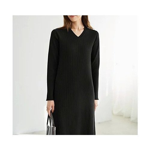 【スタイルデリ/STYLE DELI】のリブ編みVネックロングワンピース インテリア・キッズ・メンズ・レディースファッション・服の通販 founy(ファニー) 　ファッション　Fashion　レディースファッション　Fashion for Women　ワンピース　Dresses　インナー　Innerwear　クール　Cool, Chic　シンプル　Simple, Minimal　スリット　Slit, Slit Detail　定番　Standard, Basic Item　長袖　Long Sleeve, Full Sleeve　パープル　Purple, Violet　フィット　Fit, Slim Fit　ポケット　Pocket, Pocket Detail　防寒　Cold Protection, Winter-Ready　ブラック|ID: prp329100004422145 ipo3291000000034628817