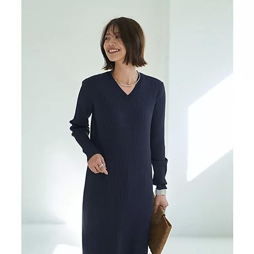 【スタイルデリ/STYLE DELI】のリブ編みVネックロングワンピース インテリア・キッズ・メンズ・レディースファッション・服の通販 founy(ファニー) 　ファッション　Fashion　レディースファッション　Fashion for Women　ワンピース　Dresses　インナー　Innerwear　クール　Cool, Chic　シンプル　Simple, Minimal　スリット　Slit, Slit Detail　定番　Standard, Basic Item　長袖　Long Sleeve, Full Sleeve　パープル　Purple, Violet　フィット　Fit, Slim Fit　ポケット　Pocket, Pocket Detail　防寒　Cold Protection, Winter-Ready　ネイビー|ID: prp329100004422145 ipo3291000000034628818