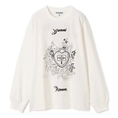【ガニー/GANNI】のRe-cut Heavy Jersey Charm Long Sleeve T-shirt インテリア・キッズ・メンズ・レディースファッション・服の通販 founy(ファニー) 　ファッション　Fashion　レディースファッション　WOMEN　トップス・カットソー　Tops/Tshirt　シャツ/ブラウス　Shirts/Blouses　ロング / Tシャツ　T-Shirts　2025年　2025　2025春夏・S/S　Ss,Spring/Summer,2025　オーガニック　Organic　グラフィック　Graphic　フィット　Fit　モノトーン　Monotone　リラックス　Relax　ロング　Long　洗える　Washable　Egret|ID: prp329100004424153 ipo3291000000031754238