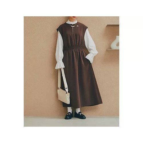 【ヒューマンウーマン/HUMAN WOMAN】のダブルクロスノースリーブワンピース インテリア・キッズ・メンズ・レディースファッション・服の通販 founy(ファニー) 　ファッション　Fashion　レディースファッション　WOMEN　ワンピース　Dress　おすすめ　Recommend　コラボ　Collaboration　スタンダード　Standard　ストレッチ　Stretch　スリーブ　Sleeve　ダブル　Double　フリル　Frills　フレンチ　French　メタル　Metal　ブラウン|ID: prp329100004437968 ipo3291000000030997423