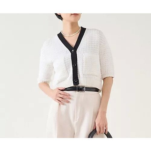 【マルティニーク/martinique】のペーパーミックスカーディガン インテリア・キッズ・メンズ・レディースファッション・服の通販 founy(ファニー) 　ファッション　Fashion　レディースファッション　Fashion for Women　トップス・カットソー　Cut & Sew Tops　カーディガン・羽織り　Layered Style Cardigans　おすすめ　Recommended / Our Picks　カーディガン　Cardigan, Knitwear　コンパクト　Compact, Small Size　バランス　Balance, Style Balance　ポケット　Pocket, Pocket Detail　半袖　Short Sleeve, Half Sleeve　ホワイト&#215;ブラック|ID: prp329100004459073 ipo3291000000031211842