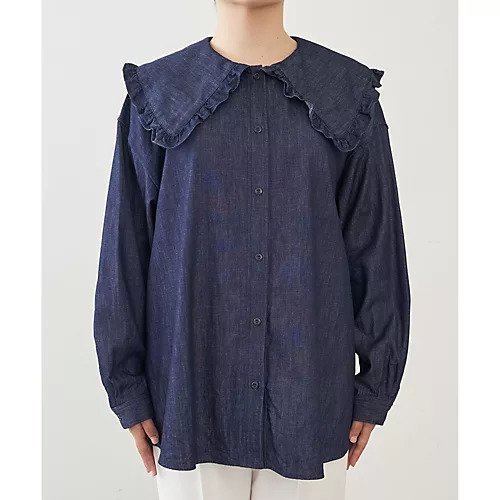 【ウィムガゼット/Whim Gazette】のDENIMフラットカラーブラウス 人気、トレンドファッション・服の通販 founy(ファニー) 　ファッション　Fashion　レディースファッション　Fashion for Women　トップス・カットソー　Cut & Sew Tops　シャツ・ブラウス・オフィスカジュアル　Elegant Blouses & Button-Ups　2022年　2022　2022-2023秋冬・A/W　Autumn/Winter 2022–23 AW22–23　おすすめ　Recommended / Our Picks　インド　Indian Textile　カーディガン　Cardigan, Knitwear　シンプル　Simple, Minimal　デニム　Denim, Jeans Material　トレンド　Trend, Trending Now　ビッグ　Big, Oversized　フラット　Flat, Flat Shoes　フリル　Frill, Ruffle　other-2|ID: prp329100004459145 ipo3291000000031237864