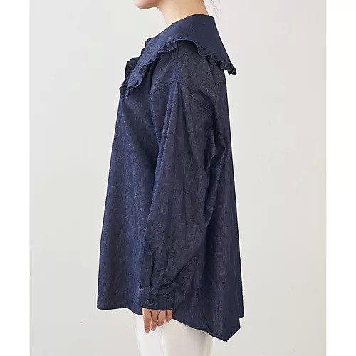 【ウィムガゼット/Whim Gazette】のDENIMフラットカラーブラウス 人気、トレンドファッション・服の通販 founy(ファニー) 　ファッション　Fashion　レディースファッション　Fashion for Women　トップス・カットソー　Cut & Sew Tops　シャツ・ブラウス・オフィスカジュアル　Elegant Blouses & Button-Ups　2022年　2022　2022-2023秋冬・A/W　Autumn/Winter 2022–23 AW22–23　おすすめ　Recommended / Our Picks　インド　Indian Textile　カーディガン　Cardigan, Knitwear　シンプル　Simple, Minimal　デニム　Denim, Jeans Material　トレンド　Trend, Trending Now　ビッグ　Big, Oversized　フラット　Flat, Flat Shoes　フリル　Frill, Ruffle　other-3|ID: prp329100004459145 ipo3291000000031237865
