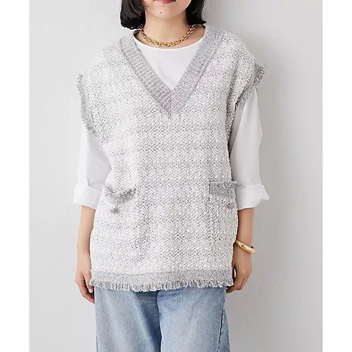 【ウィムガゼット/Whim Gazette】のツィードニットベスト インテリア・キッズ・メンズ・レディースファッション・服の通販 founy(ファニー) 　ファッション　Fashion　レディースファッション　Fashion for Women　アウター　Coat / Outerwear Collection　トップス・カットソー　Cut & Sew Tops　ニット　Knit Tops & Sweaters　ベスト&ジレ / 重ね着スタイル　Vests & Gilets　エレガント 上品　Elegant　カットソー　Cut and Sewn Top　コンパクト　Compact, Small Size　ツイード　Twill, Twill Weave　フリンジ　Fringe, Tassel　ベスト　Vest, Waistcoat　ポケット　Pocket, Pocket Detail　半袖　Short Sleeve, Half Sleeve　ミックス　Mix, Mixed Style　ロング　Long, Long-Length　おすすめ　Recommended / Our Picks　2023春夏・S/S　Spring/Summer 2023 SS23　2023年　2023　ライトグレー|ID: prp329100004459909 ipo3291000000031215546