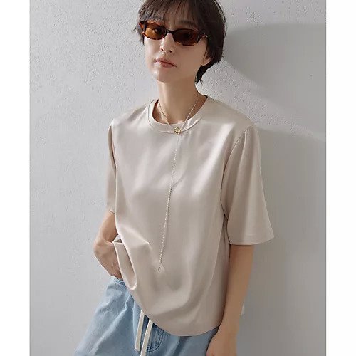 【ウィムガゼット/Whim Gazette】のサテンTEEブラウス インテリア・キッズ・メンズ・レディースファッション・服の通販 founy(ファニー) 　ファッション　Fashion　レディースファッション　Fashion for Women　トップス・カットソー　Cut & Sew Tops　シャツ・ブラウス・オフィスカジュアル　Elegant Blouses & Button-Ups　2025年　2025　2025春夏・S/S　Spring/Summer 2025 SS25　おすすめ　Recommended / Our Picks　インナー　Innerwear　クール　Cool, Chic　サテン　Satin, Glossy Fabric　ジャケット　Jacket, Outerwear　ストレッチ　Stretch, Stretchy Fabric　ダブル　Double, Double-Breasted　デニム　Denim, Jeans Material　リラックス　Relax, Relaxed Fit　エレガント 上品　Elegant　半袖　Short Sleeve, Half Sleeve　ベージュ|ID: prp329100004462505 ipo3291000000031230045