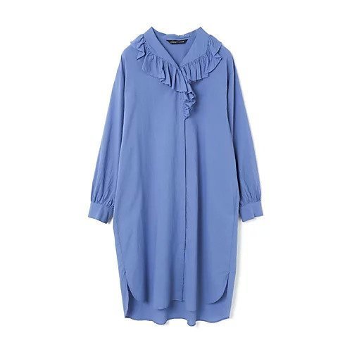 【ミズイロ インド/mizuiro ind】のフリルカラーシャツワンピース インテリア・キッズ・メンズ・レディースファッション・服の通販 founy(ファニー) 　ファッション　Fashion　レディースファッション　WOMEN　ワンピース　Dress　シャツワンピース　Shirt Dresses　ダブル　Double　フリル　Frills　ボトム　Bottom　ブルー|ID: prp329100004462637 ipo3291000000031230616