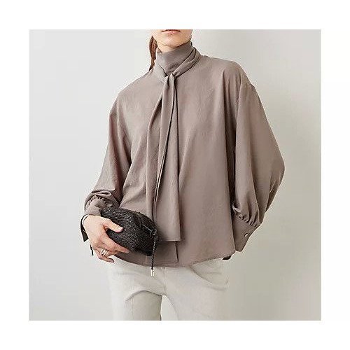 【ウィムガゼット/Whim Gazette】のシフォンボウブラウス インテリア・キッズ・メンズ・レディースファッション・服の通販 founy(ファニー) 　ファッション　Fashion　レディースファッション　Fashion for Women　トップス・カットソー　Cut & Sew Tops　シャツ・ブラウス・オフィスカジュアル　Elegant Blouses & Button-Ups　ヴィンテージ　Vintage Style　クール　Cool, Chic　シフォン　Chiffon, Lightweight Fabric　スウェット / スエット　Sweatshirt, Sweatwear　ストレッチ　Stretch, Stretchy Fabric　ヌーディ　Nude, Nude Tone　フェミニン　Feminine, Girly　リボン　Ribbon, Bow　エレガント 上品　Elegant　グレージュ|ID: prp329100004463106 ipo3291000000031232242