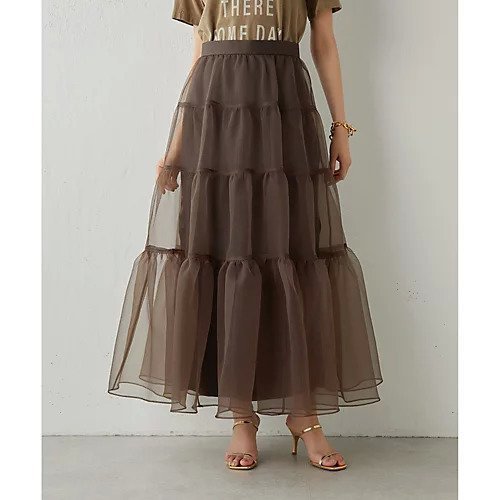 【ウィムガゼット/Whim Gazette】のオーガンジーボリュームスカート インテリア・キッズ・メンズ・レディースファッション・服の通販 founy(ファニー) 　ファッション　Fashion　レディースファッション　Fashion for Women　スカート　Skirts　オーガンジー　Organza Fabric　スリット　Slit, Slit Detail　ティアードスカート　Tiered Skirt, Flounced Skirt　ロマンティック　Romantic, Feminine Style　ワッシャー　Washer, Crinkled Finish　ブラウン|ID: prp329100004463474 ipo3291000000034767188