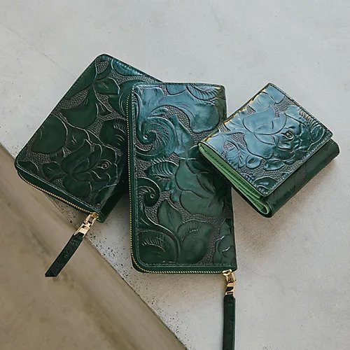 【トプカピ/TOPKAPI】の【TREASURE TOPKAPI】ローズエンボス ツヤ レザー ラウンドファスナー 長財布 インテリア・キッズ・メンズ・レディースファッション・服の通販 founy(ファニー) 　ファッション　Fashion　レディースファッション　WOMEN　財布　Wallets　イエロー　Yellow　コイン　Coin　ポケット　Pocket　ラウンド　Round　ローズ　Rose　財布　Wallet　グリーン|ID: prp329100004464346 ipo3291000000031235774