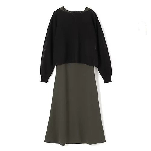 【カデュネ/CADUNE】の【Mariso別注】ニット+ワンピースセット インテリア・キッズ・メンズ・レディースファッション・服の通販 founy(ファニー) 　ファッション　Fashion　レディースファッション　Fashion for Women　ワンピース　Dresses　洗える　Machine Washable　カットソー　Cut and Sewn Top　コンビ　Combo, Combination Style　スクエア　Square, Square Shape　スリット　Slit, Slit Detail　トレンド　Trend, Trending Now　長袖　Long Sleeve, Full Sleeve　フィット　Fit, Slim Fit　フレア　Flare, Flared　ボトム　Bottoms, Lower Wear　別注　Limited Edition, Custom Order　マキシ　Maxi, Full Length　メッシュ　Mesh, Net Fabric　ブラック×カーキ|ID: prp329100004464733 ipo3291000000035442764