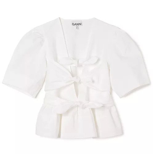 【ガニー/GANNI】のWashed Stretch Cotton Tie Strap Blouse インテリア・キッズ・メンズ・レディースファッション・服の通販 founy(ファニー) 　ファッション　Fashion　レディースファッション　Fashion for Women　2025年　2025　2025春夏・S/S　Spring/Summer 2025 SS25　コンシャス　Conscious, Bodycon　ペプラム　Peplum, Flared Hem　リボン　Ribbon, Bow　半袖　Short Sleeve, Half Sleeve　洗える　Machine Washable　Bright White|ID: prp329100004474999 ipo3291000000035594872