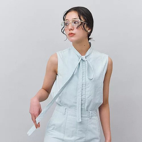 【マディソンブルー/MADISONBLUE】の【HPS別注】ボウタイスリーブレスブラウス 人気、トレンドファッション・服の通販 founy(ファニー) 　ファッション　Fashion　レディースファッション　Fashion for Women　トップス・カットソー　Cut & Sew Tops　シャツ・ブラウス・オフィスカジュアル　Elegant Blouses & Button-Ups　エレガント 上品　Elegant　シャンブレー　Chambray, Denim-Like Fabric　デニム　Denim, Jeans Material　フレア　Flare, Flared　マニッシュ　Mannish, Boyish　ヴィンテージ　Vintage Style　別注　Limited Edition, Custom Order　夏　Summer　洗える　Machine Washable　other-3|ID: prp329100004486802 ipo3291000000032990707
