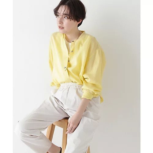 【ヒューマンウーマン/HUMAN WOMAN】のラミーバンドカラーシャツブラウス インテリア・キッズ・メンズ・レディースファッション・服の通販 founy(ファニー) 　ファッション　Fashion　レディースファッション　WOMEN　トップス・カットソー　Tops/Tshirt　シャツ/ブラウス　Shirts/Blouses　おすすめ　Recommend　ショート　Short　スタンダード　Standard　フロント　Front　ボックス　Box　定番　Standard　イエロー|ID: prp329100004510911 ipo3291000000031861189
