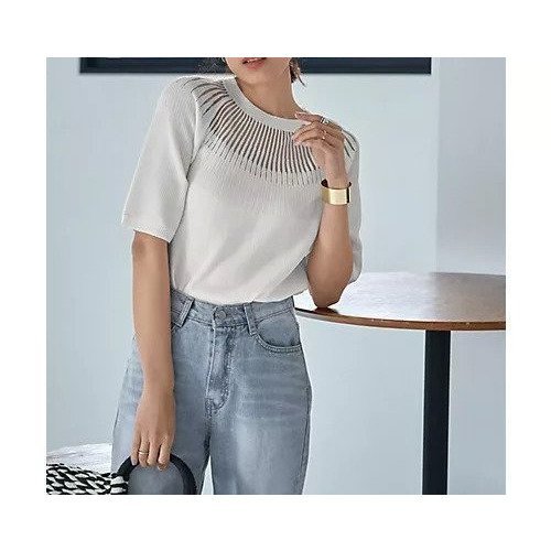 【スタイルデリ/STYLE DELI】のデコルテシアー5分袖シャリ感ニットトップス 人気、トレンドファッション・服の通販 founy(ファニー) 　ファッション　Fashion　レディースファッション　WOMEN　トップス・カットソー　Tops/Tshirt　ニット　Knit Tops　イエロー　Yellow　インナー　Inner　サマー　Summer　サロペット　Overalls　シアー　Sheer　ジャケット　Jacket　ストライプ　Stripe　スマート　Smart　スリット　Slit　デコルテ　Decolletage　定番　Standard　フィット　Fit　ポケット　Pocket　半袖　Short Sleeve　夏　Summer　 other-1|ID: prp329100004515165 ipo3291000000031902340