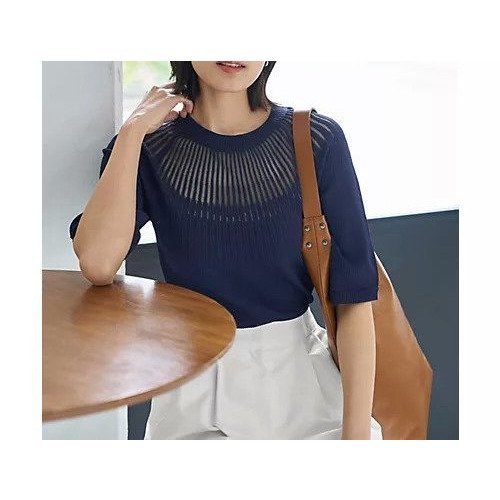 【スタイルデリ/STYLE DELI】のデコルテシアー5分袖シャリ感ニットトップス インテリア・キッズ・メンズ・レディースファッション・服の通販 founy(ファニー) 　ファッション　Fashion　レディースファッション　WOMEN　トップス・カットソー　Tops/Tshirt　ニット　Knit Tops　イエロー　Yellow　インナー　Inner　サマー　Summer　サロペット　Overalls　シアー　Sheer　ジャケット　Jacket　ストライプ　Stripe　スマート　Smart　スリット　Slit　デコルテ　Decolletage　定番　Standard　フィット　Fit　ポケット　Pocket　半袖　Short Sleeve　夏　Summer　ネイビー|ID: prp329100004515165 ipo3291000000031902343