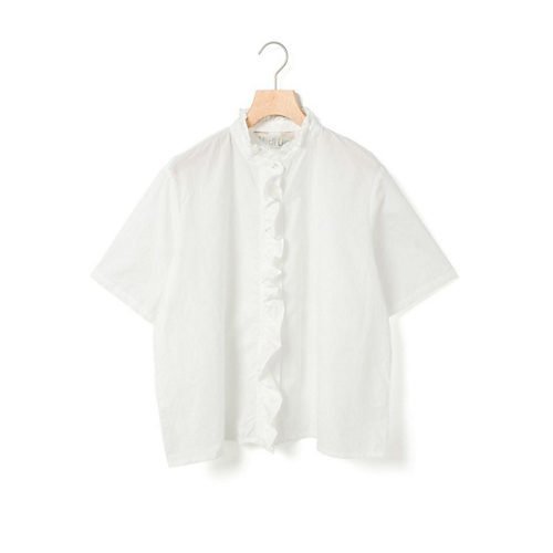 【ミディウミ/MidiUmi】のハーフスリーブフリルショートシャツ インテリア・キッズ・メンズ・レディースファッション・服の通販 founy(ファニー) 　ファッション　Fashion　レディースファッション　Fashion for Women　トップス・カットソー　Cut & Sew Tops　シャツ・ブラウス・オフィスカジュアル　Elegant Blouses & Button-Ups　スタンド　Stand Collar, Upright Stand　タイプライター　Typewriter Fabric, Crisp Cotton　フリル　Frill, Ruffle　フロント　Front, Front Design　ワイド　Wide, Wide Fit　エレガント 上品　Elegant　人気　Popular, Best Seller　半袖　Short Sleeve, Half Sleeve　夏　Summer　オフホワイト|ID: prp329100004535057 ipo3291000000032258369