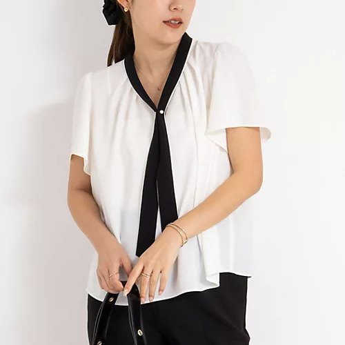 【ノーリーズ/NOLLEY'S】の配色ボウタイ半袖ブラウス 人気、トレンドファッション・服の通販 founy(ファニー) 　ファッション　Fashion　レディースファッション　WOMEN　トップス・カットソー　Tops/Tshirt　シャツ/ブラウス　Shirts/Blouses　2025年　2025　2025春夏・S/S　Ss,Spring/Summer,2025　シンプル　Simple　パール　Pearl　フラワー　Flower　モチーフ　Motif　エレガント 上品　Elegant　ビジネス 仕事 通勤　Business　半袖　Short Sleeve　夏　Summer　other-3|ID: prp329100004541247 ipo3291000000032085545