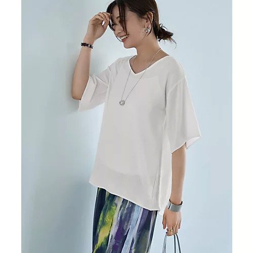 【スタイルデリ/STYLE DELI】の微シアー楊柳VネックTシャツ型ブラウス インテリア・キッズ・メンズ・レディースファッション・服の通販 founy(ファニー) 　ファッション　Fashion　レディースファッション　WOMEN　トップス・カットソー　Tops/Tshirt　シャツ/ブラウス　Shirts/Blouses　ロング / Tシャツ　T-Shirts　Vネック　V-Neck　イエロー　Yellow　インナー　Inner　エアリー　Airy　カーディガン　Cardigan　シアー　Sheer　ショルダー　Shoulder　シンプル　Simple　ジャケット　Jacket　スリット　Slit　スリーブ　Sleeve　タンク　Tank　デコルテ　Decolletage　ドロップ　Drop　定番　Standard　フレア　Flare　夏　Summer　エレガント 上品　Elegant　ホワイト|ID: prp329100004547796 ipo3291000000032138673