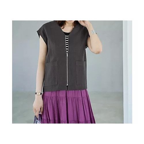 【スタイルデリ/STYLE DELI】の麻素材のベスト型サマージャケット インテリア・キッズ・メンズ・レディースファッション・服の通販 founy(ファニー) 　ファッション　Fashion　レディースファッション　WOMEN　アウター　Coat Outerwear　ジャケット　Jackets　イエロー　Yellow　インナー　Inner　秋　Autumn/Fall　カットソー　Cut And Sew　サマー　Summer　シルバー　Silver　ジャケット　Jacket　スリーブ　Sleeve　タンク　Tank　ダブル　Double　長袖　Long Sleeve　フレンチ　French　フロント　Front　ベスト　Vest　ポケット　Pocket　夏　Summer　チャコール|ID: prp329100004547797 ipo3291000000032138682