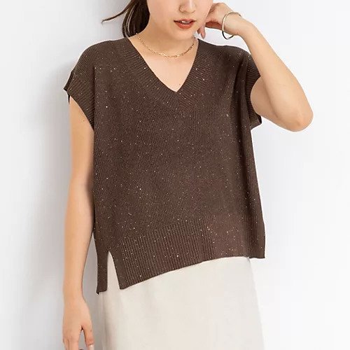 【ノーリーズ/NOLLEY'S】のラメスパンコールノースリーブVネックプルオーバーニット インテリア・キッズ・メンズ・レディースファッション・服の通販 founy(ファニー) 　ファッション　Fashion　レディースファッション　WOMEN　トップス・カットソー　Tops/Tshirt　ニット　Knit Tops　キャミソール / ノースリーブ　No Sleeves　プルオーバー　Pullover　Vネック　V-Neck　2025年　2025　2025春夏・S/S　Ss,Spring/Summer,2025　ショート　Short　バランス　Balance　ベスト　Vest　ブラウン|ID: prp329100004551126 ipo3291000000032166872