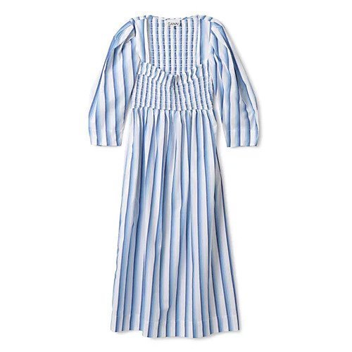 【ガニー/GANNI】のStripe Cotton Open-neck Smock Long Dress インテリア・キッズ・メンズ・レディースファッション・服の通販 founy(ファニー) https://founy.com/ ファッション Fashion レディースファッション WOMEN ワンピース Dress ドレス Party Dresses 2024年 2024 2024春夏・S/S Ss,Spring/Summer,2024 スクエア Square ストライプ Stripe スモック Smock ドレス Dress プリーツ Pleats 洗える Washable |ID: prp329100004551131 ipo3291000000032355165