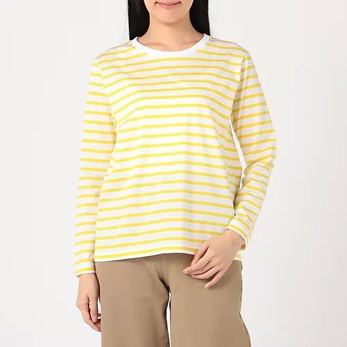 【スアデオ/suadeo】の【Munich】コラボキレイ目ボーダーロングTシャツ インテリア・キッズ・メンズ・レディースファッション・服の通販 founy(ファニー) 　ファッション　Fashion　レディースファッション　WOMEN　トップス・カットソー　Tops/Tshirt　シャツ/ブラウス　Shirts/Blouses　ロング / Tシャツ　T-Shirts　シルク　Silk　シンプル　Simple　ボーダー　Border　ロング　Long　定番　Standard　日本製　Made In Japan　洗える　Washable　ホワイト&#215;イエロー|ID: prp329100004553241 ipo3291000000032182671