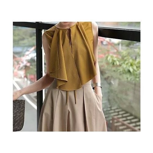 【スタイルデリ/STYLE DELI】のラッフルドレープノースリーブブラウス インテリア・キッズ・メンズ・レディースファッション・服の通販 founy(ファニー) 　ファッション　Fashion　レディースファッション　Fashion for Women　トップス・カットソー　Cut & Sew Tops　キャミソール&ノースリーブ　Camisoles & Sleeveless Tops　シャツ・ブラウス・オフィスカジュアル　Elegant Blouses & Button-Ups　イエロー　Yellow　インナー　Innerwear　春　Spring　カーディガン　Cardigan, Knitwear　キャミソール　Camisole, Spaghetti Strap Top　タンク　Tank Top, Sleeveless Top　ダメージ　Distressed, Destroyed　定番　Standard, Basic Item　ノースリーブ　Sleeveless, No-Sleeve　バランス　Balance, Style Balance　フェミニン　Feminine, Girly　フォルム　Silhouette, Form　フレア　Flare, Flared　フロント　Front, Front Design　ポケット　Pocket, Pocket Detail　ラッフル　Ruffle, Frill　リボン　Ribbon, Bow　ワイド　Wide, Wide Fit　S/S・春夏　SS, Spring/Summer, Warm Season　おすすめ　Recommended / Our Picks　夏　Summer　ダークマスタード|ID: prp329100004565330 ipo3291000000032286383