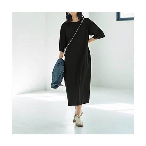 【スタイルデリ/STYLE DELI】のさらさらシンプル5分袖ワンピース インテリア・キッズ・メンズ・レディースファッション・服の通販 founy(ファニー) 　ファッション　Fashion　レディースファッション　WOMEN　ワンピース　Dress　クール　Cool　シンプル　Simple　スタイリッシュ　Stylish　スニーカー　Sneakers　スリット　Slit　ダメージ　Damage　デコルテ　Decolletage　ドレープ　Drape　定番　Standard　ノースリーブ　No Sleeve　バランス　Balance　フォルム　Form　ポケット　Pocket　おすすめ　Recommend　夏　Summer　ブラック|ID: prp329100004565369 ipo3291000000032286732