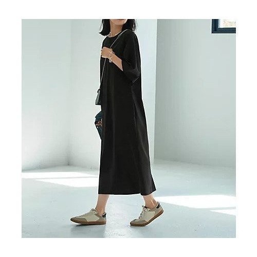 【スタイルデリ/STYLE DELI】のさらさらシンプル5分袖ワンピース 人気、トレンドファッション・服の通販 founy(ファニー) 　ファッション　Fashion　レディースファッション　WOMEN　ワンピース　Dress　クール　Cool　シンプル　Simple　スタイリッシュ　Stylish　スニーカー　Sneakers　スリット　Slit　ダメージ　Damage　デコルテ　Decolletage　ドレープ　Drape　定番　Standard　ノースリーブ　No Sleeve　バランス　Balance　フォルム　Form　ポケット　Pocket　おすすめ　Recommend　夏　Summer　other-3|ID: prp329100004565369 ipo3291000000032286735