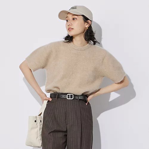 【アンフィル/unfil】のstretch superkid mohair short-sleeve sweater インテリア・キッズ・メンズ・レディースファッション・服の通販 founy(ファニー) 　ファッション　Fashion　レディースファッション　WOMEN　トップス・カットソー　Tops/Tshirt　パーカ　Sweats　スウェット　Sweat　おすすめ　Recommend　イタリア　Italy　カーディガン　Cardigan　ショート　Short　ストレッチ　Stretch　ベスト　Vest　モヘア　Mohair　ロング　Long　半袖　Short Sleeve　定番　Standard　長袖　Long Sleeve　beige|ID: prp329100004571838 ipo3291000000032350842