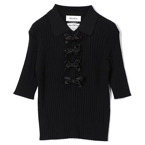 【ミュベール/MUVEIL】のリボン付きポロプルオーバー インテリア・キッズ・メンズ・レディースファッション・服の通販 founy(ファニー) 　ファッション　Fashion　レディースファッション　Fashion for Women　トップス・カットソー　Cut & Sew Tops　カジュアルプルオーバー・ニットトップス　Pullovers & Knit Tops / Casual Pullovers　2025年　2025　2025-2026秋冬・A/W　Autumn/Winter 2025–26 AW25–26　サテン　Satin, Glossy Fabric　フロント　Front, Front Design　リボン　Ribbon, Bow　black|ID: prp329100004576631 ipo3291000000032412607