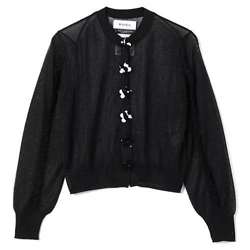 【ミュベール/MUVEIL】のフラワーボタンシースルーカーディガン インテリア・キッズ・メンズ・レディースファッション・服の通販 founy(ファニー) 　ファッション　Fashion　レディースファッション　Fashion for Women　トップス・カットソー　Cut & Sew Tops　カーディガン・羽織り　Layered Style Cardigans　2025年　2025　2025-2026秋冬・A/W　Autumn/Winter 2025–26 AW25–26　カーディガン　Cardigan, Knitwear　コンパクト　Compact, Small Size　シアー　Sheer, See-Through　フェミニン　Feminine, Girly　フラワー　Flower, Floral　フリル　Frill, Ruffle　フロント　Front, Front Design　black|ID: prp329100004576652 ipo3291000000032412769