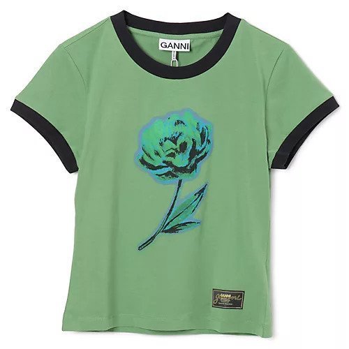 【ガニー/GANNI】のBasic Cotton Jersey Peony Baby Fit T-shirt インテリア・キッズ・メンズ・レディースファッション・服の通販 founy(ファニー) 　ファッション　Fashion　レディースファッション　Fashion for Women　トップス・カットソー　Cut & Sew Tops　シャツ・ブラウス・オフィスカジュアル　Elegant Blouses & Button-Ups　ロングTシャツ・Tシャツ　Longline T-Shirts & Tees　2025年　2025　2025-2026秋冬・A/W　Autumn/Winter 2025–26 AW25–26　コンパクト　Compact, Small Size　パイピング　Piping, Trim Design　フラワー　Flower, Floral　フロント　Front, Front Design　プリント　Print, Printed Pattern　洗える　Machine Washable　Stone Green|ID: prp329100004577582 ipo3291000000032423400