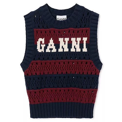 【ガニー/GANNI】のCotton Mix Striped Vest インテリア・キッズ・メンズ・レディースファッション・服の通販 founy(ファニー) https://founy.com/ ファッション Fashion レディースファッション Fashion for Women アウター Coat / Outerwear Collection トップス・カットソー Cut & Sew Tops ベスト&ジレ / 重ね着スタイル Vests & Gilets 2025年 2025 2025-2026秋冬・A/W Autumn/Winter 2025–26 AW25–26 フロント Front, Front Design ベスト Vest, Waistcoat ボーダー Border, Stripe ロング Long, Long-Length 手編み Hand-Knitted, Handmade Knit 透かし Cut-Out, Lacework |ID: prp329100004577622 ipo3291000000035303698