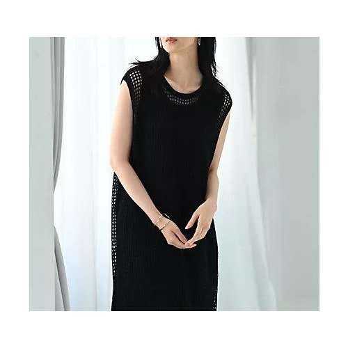 【スタイルデリ/STYLE DELI】の【BLK001】スリット入りメッシュニットワンピース インテリア・キッズ・メンズ・レディースファッション・服の通販 founy(ファニー) 　ファッション　Fashion　レディースファッション　WOMEN　ワンピース　Dress　ニットワンピース　Knit Dresses　アクリル　Acrylic　イエロー　Yellow　インナー　Inner　スリット　Slit　透かし　Watermark　定番　Standard　なめらか　Smooth　バランス　Balance　ボックス　Box　メッシュ　Mesh　おすすめ　Recommend　夏　Summer　旅行　Travel　ブラック|ID: prp329100004583590 ipo3291000000032487068